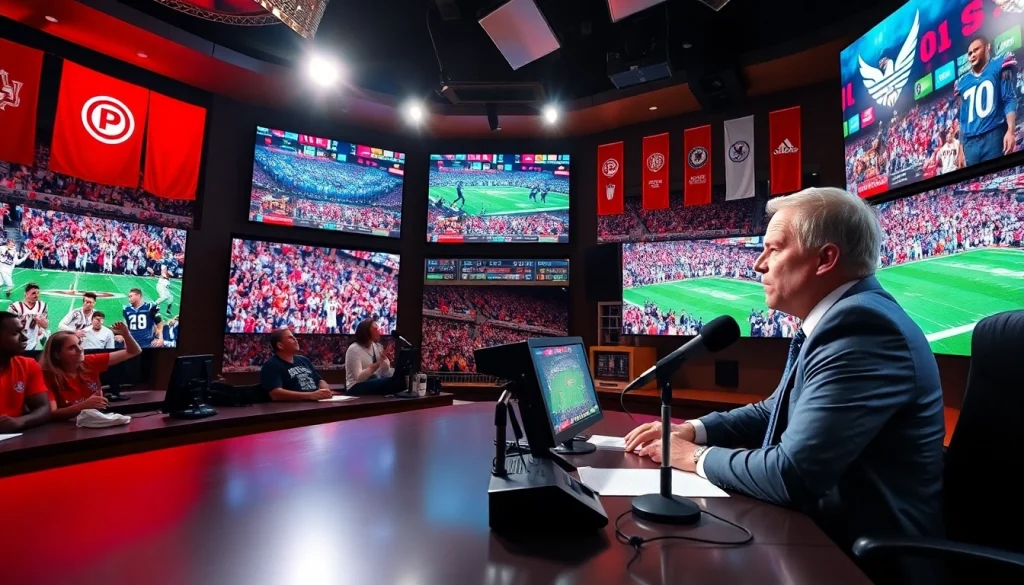 Engaging sports broadcasting scene showcasing a dynamic host in a lively studio.