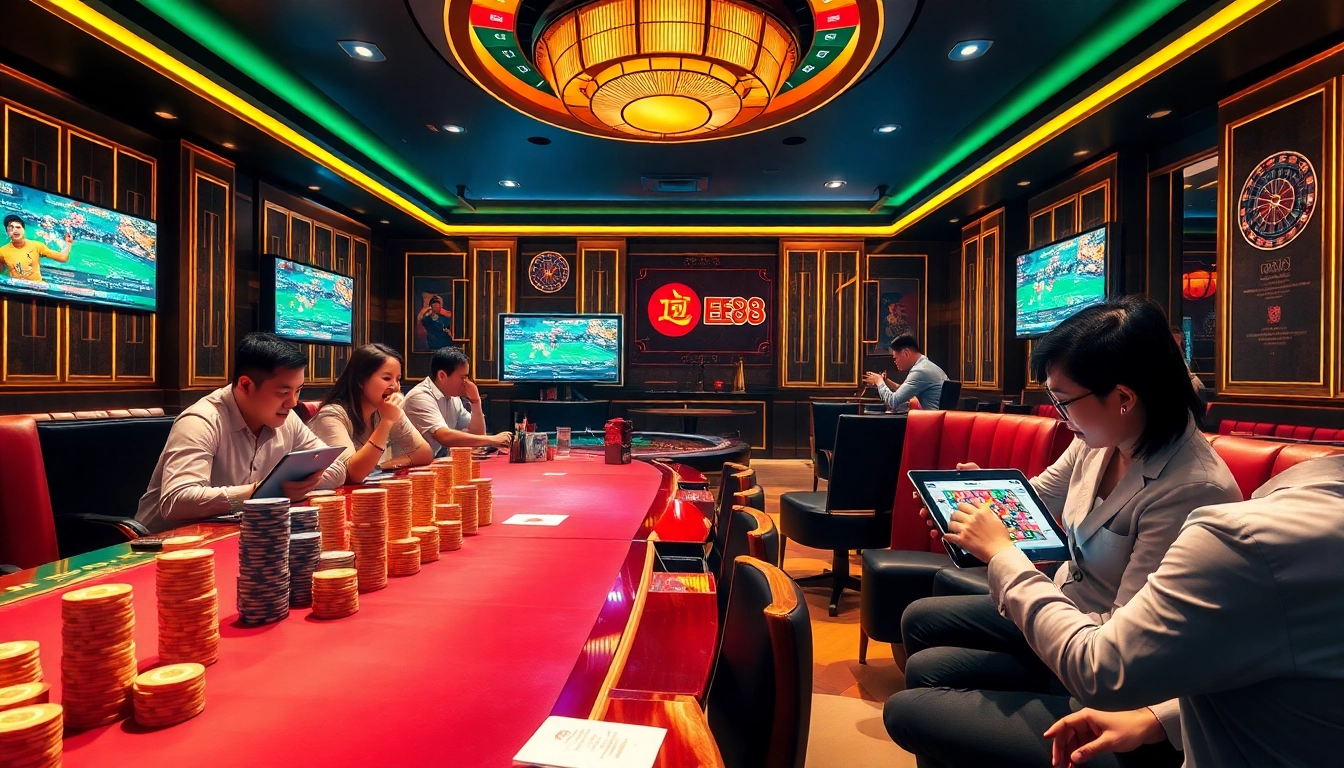 Betting action at thể thao ee88 in a vibrant sports lounge featuring live games and betting slips.