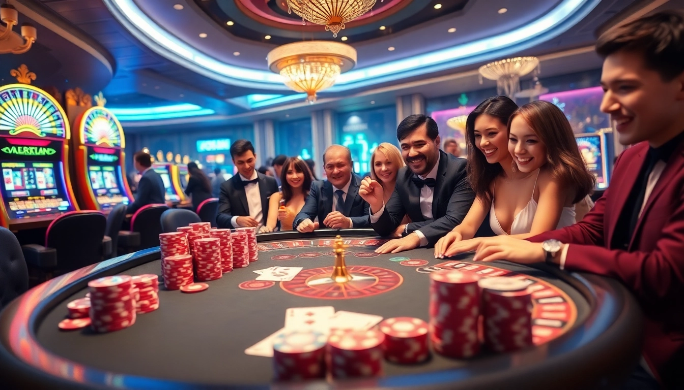 Experience the excitement at 99WIN with players enjoying poker and roulette in a luxury casino.