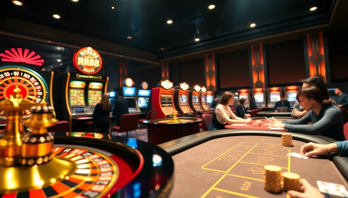 Experience RR88 excitement at a vibrant casino with roulette wheels and slot machines.