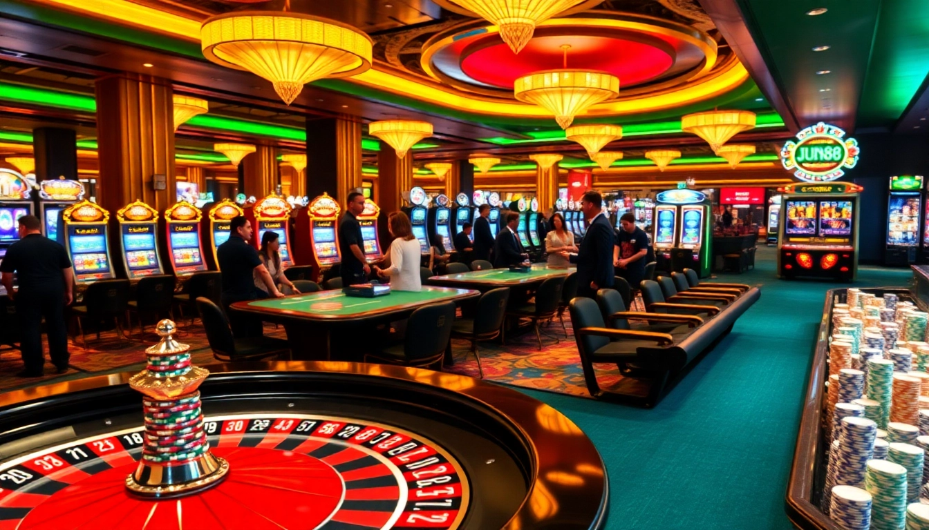 Experience the excitement at https://jun88app.app/ with vibrant gambling scenes featuring poker tables and illuminated slot machines.