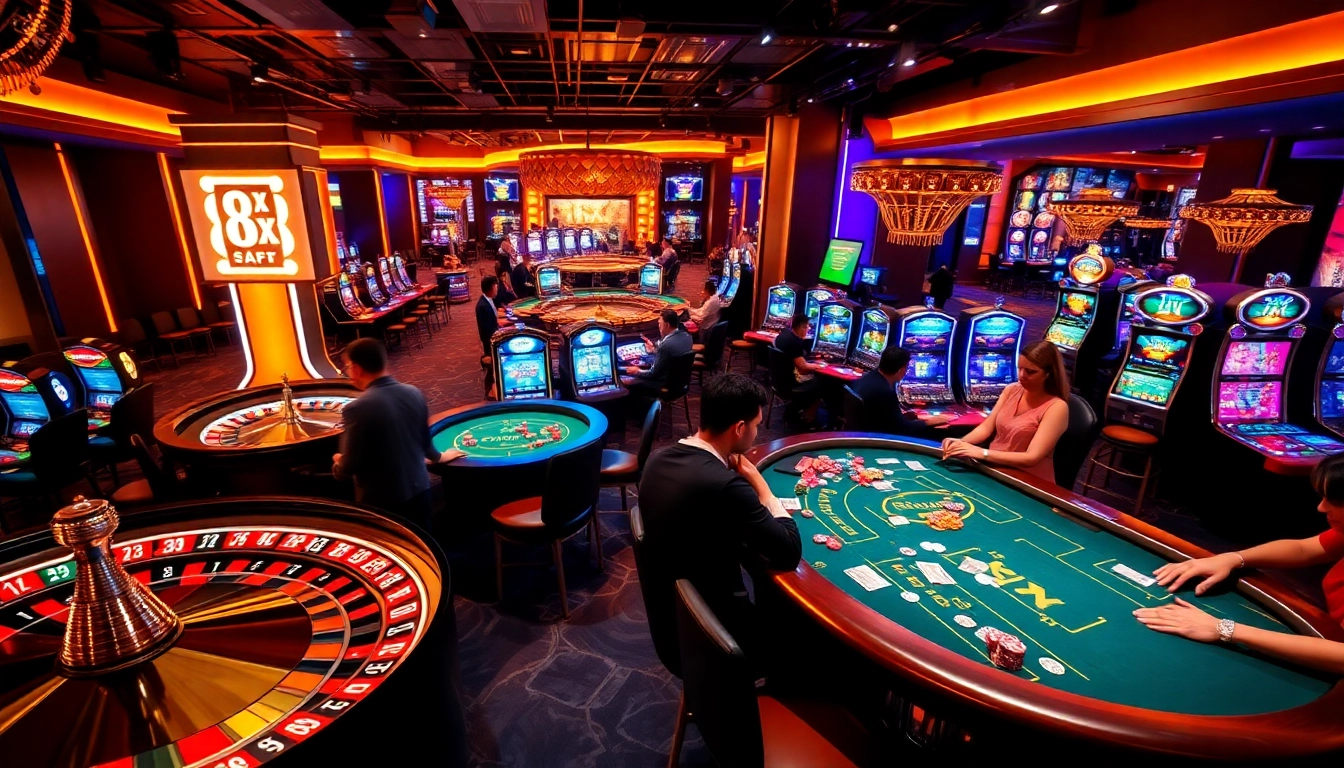 Players enjoying a lively casino game environment at the 8xx casino, featuring roulette wheels and poker tables.