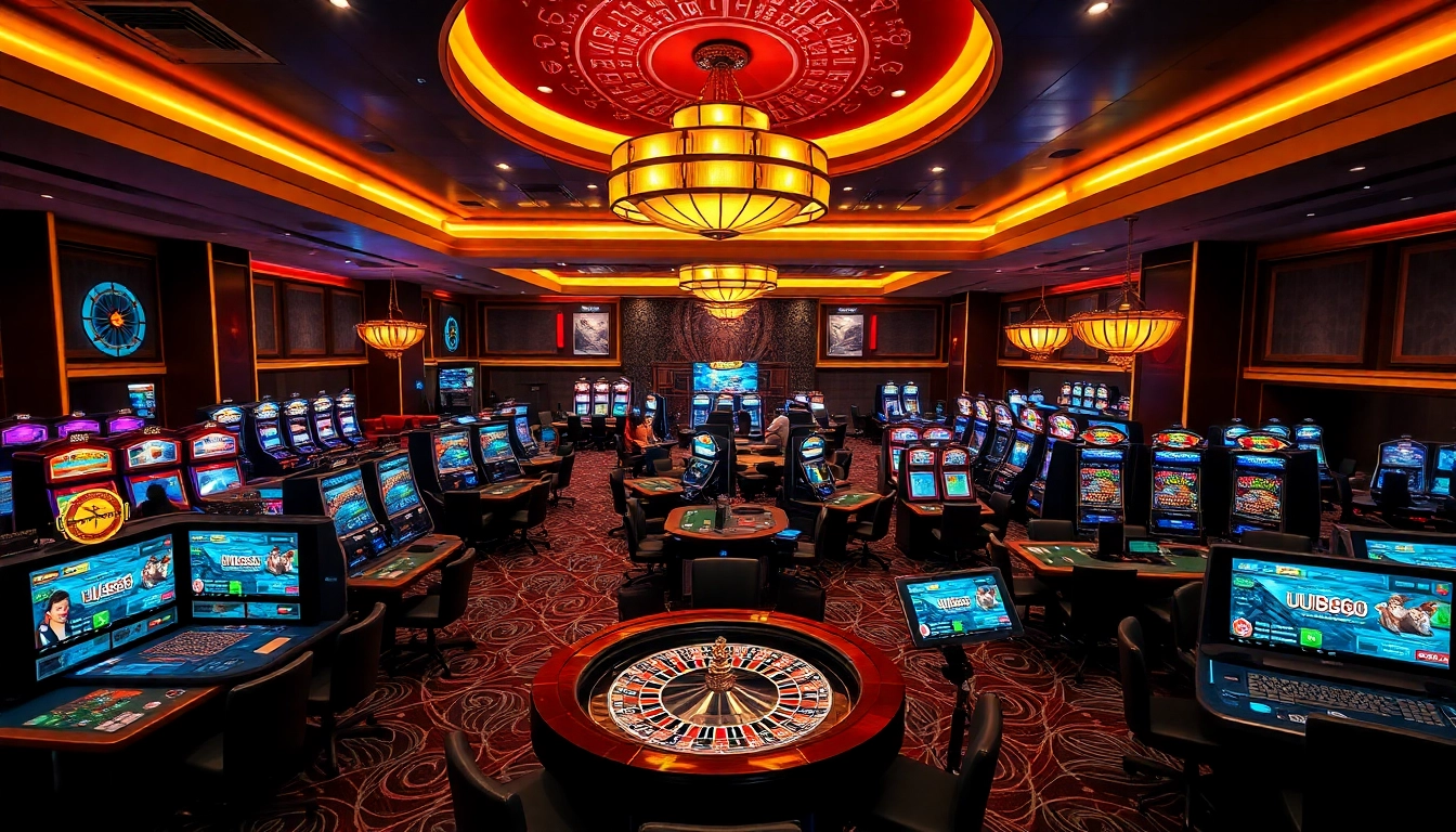 Players enjoying games at UU88 casino with vibrant slot machines and poker tables.