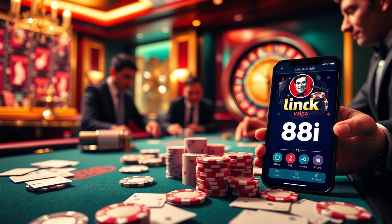 Gamblers engaging in a high-stakes game at a luxurious casino featuring the 'link vào 88i' online gambling interface.