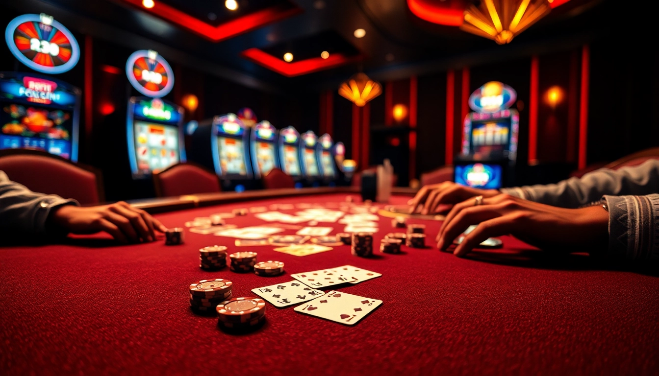 RR88 players enjoying an intense poker game with high-stakes betting in a luxurious casino setting.