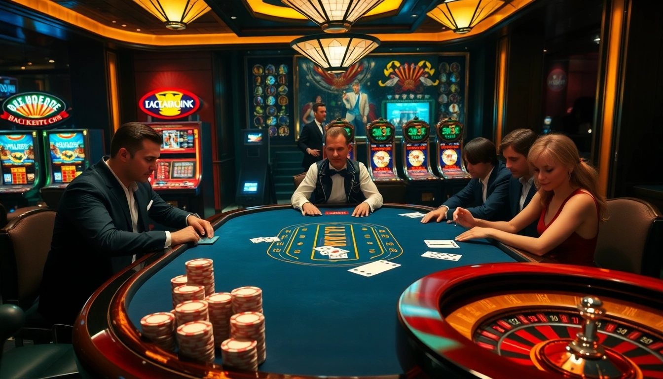 Exciting blackjack table scene showcasing 98win's vibrant casino atmosphere with players and chips.