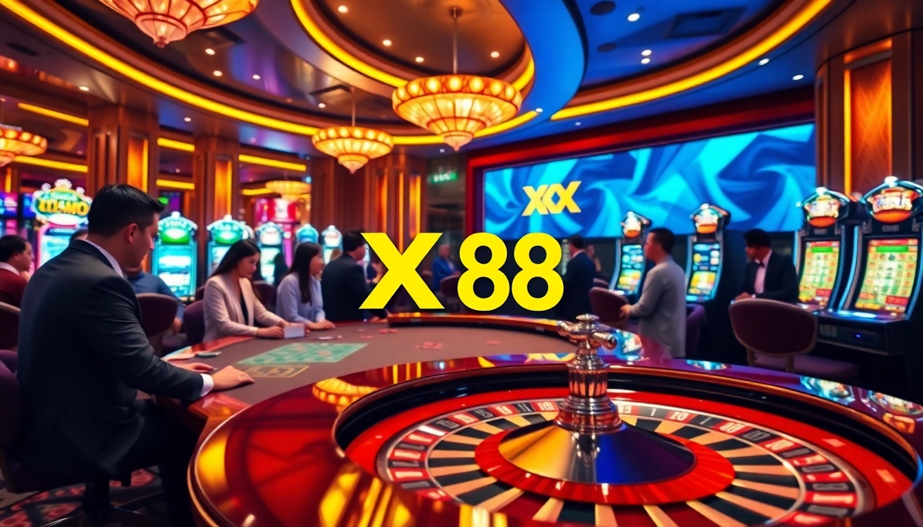 Experience the thrill of XX88 with players enjoying poker and roulette in a vibrant casino setting.
