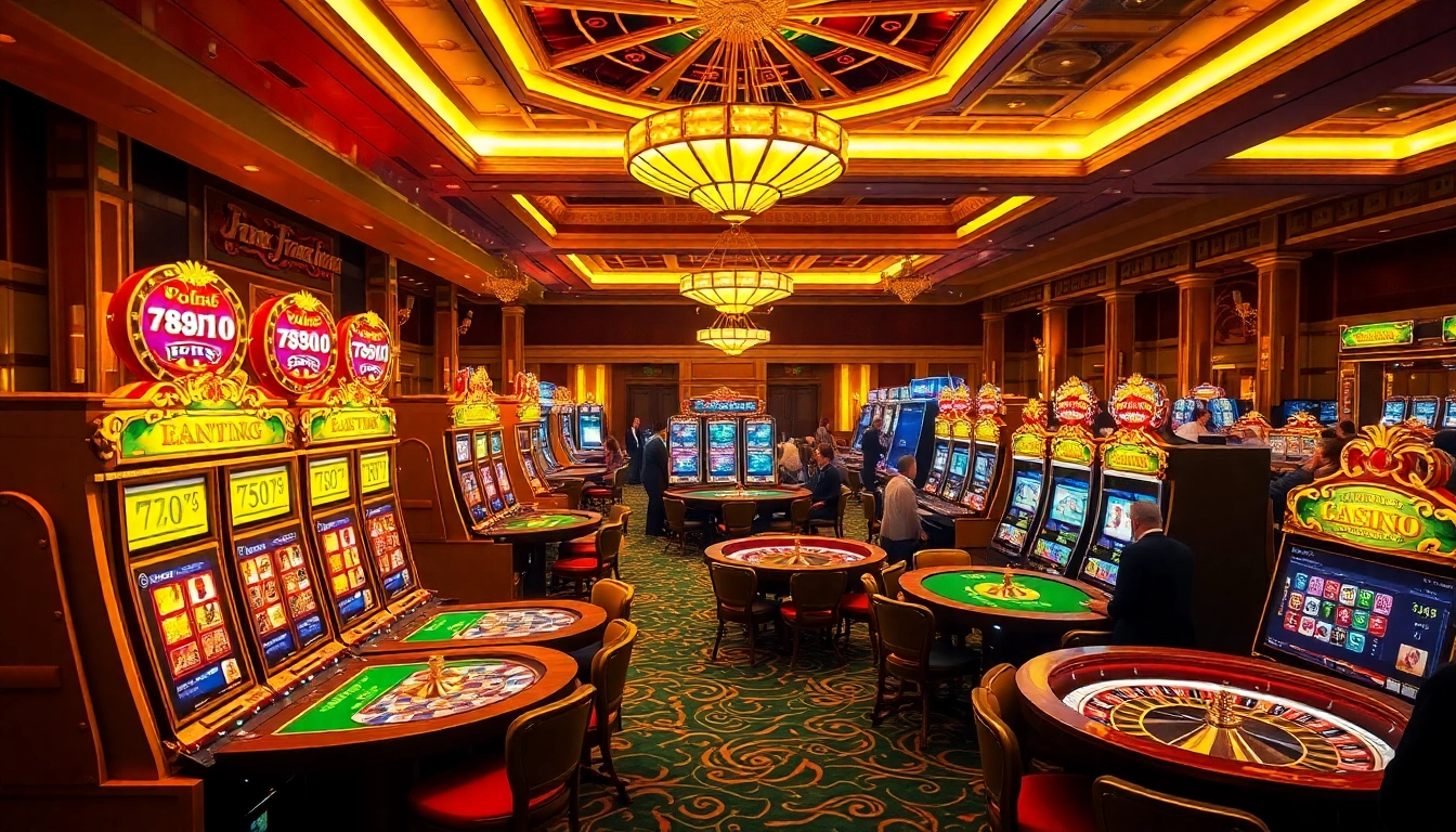 Excited players enjoying a luxurious casino scene at 789Win with vibrant slot machines and poker tables.