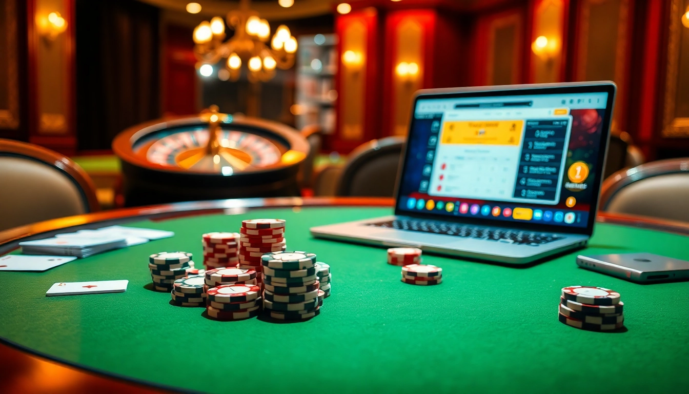 Tool xổ số siêu tốc players engaging with a luxury poker setup and roulette wheel in a vibrant casino atmosphere.