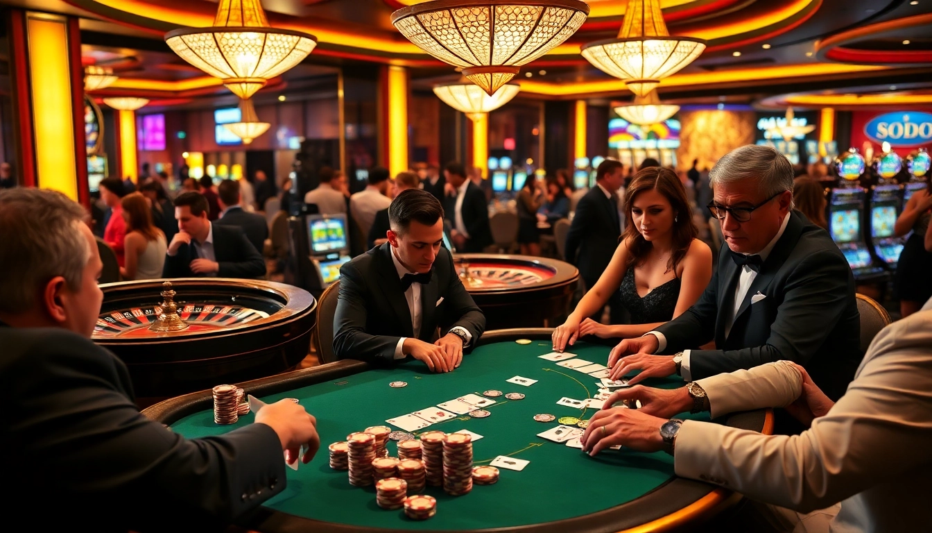 SODO CASINO showcases players engaged in an intense poker game amidst an opulent atmosphere.