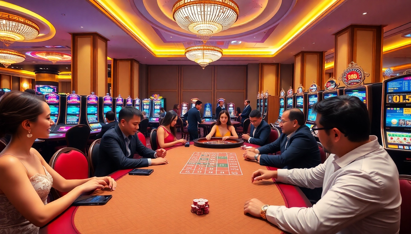 Experience the thrill of gambling at qh88 with vibrant casino gaming tables and eager players.