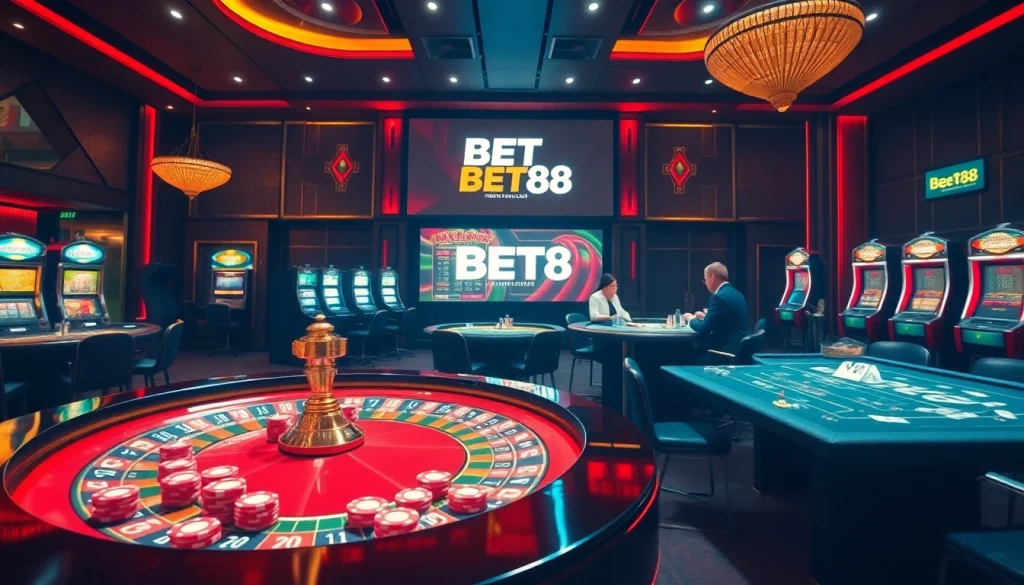 Experience luxurious gaming excitement at BET88 with vibrant casino tables and action-packed slot machines.