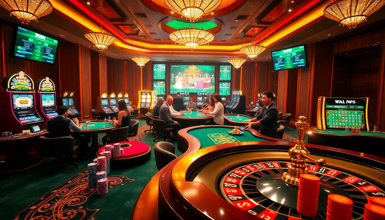 Experience the thrill of RR88 with vibrant casino games, poker tables, and glowing slot machines.