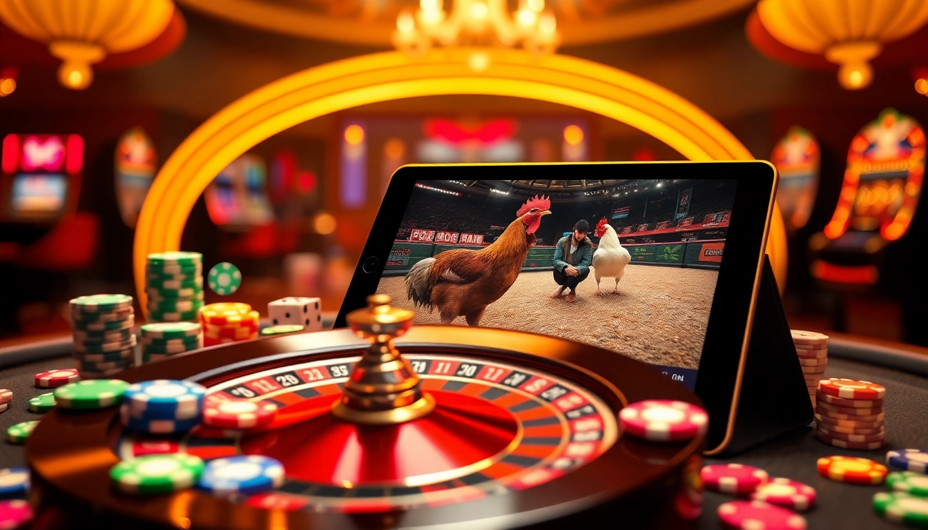 Exciting online gambling experience at GA6789 featuring a digital tablet displaying live action and vibrant chips.