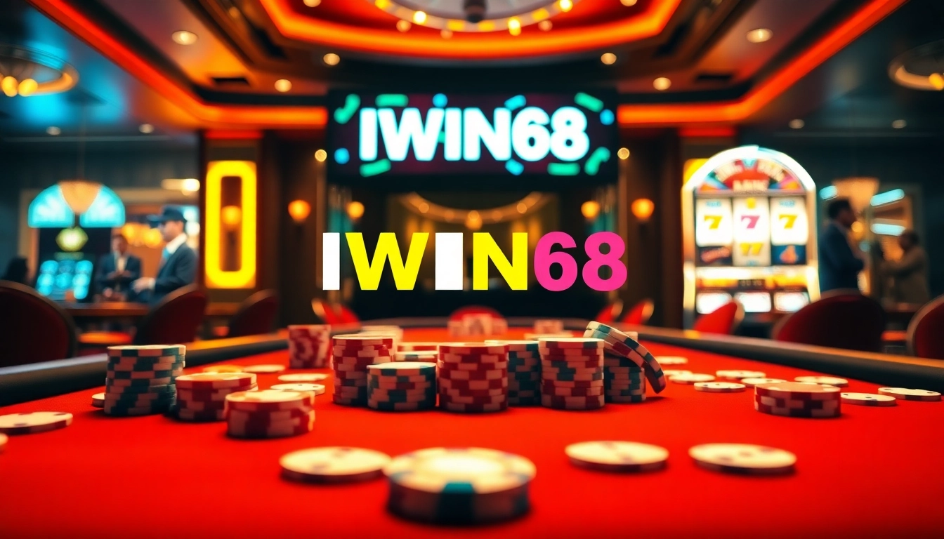 IWIN68 players enjoying a thrilling game at a luxurious casino table with vibrant poker chips and cards.