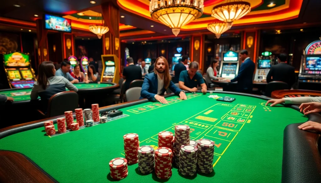 Players enjoying card games and slot machines at 789Win casino, showcasing excitement and engagement.