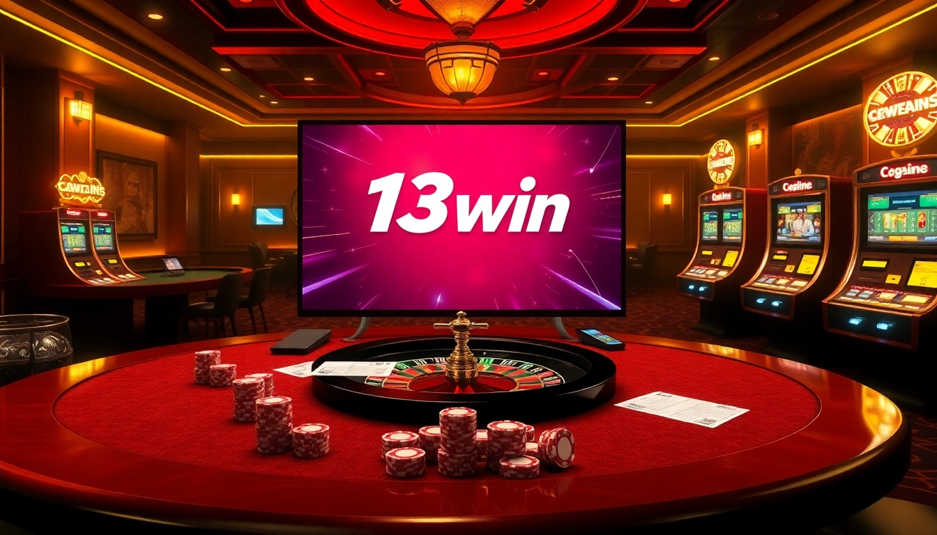 Exciting scene of online gambling experience at 13win with poker chips and roulette.