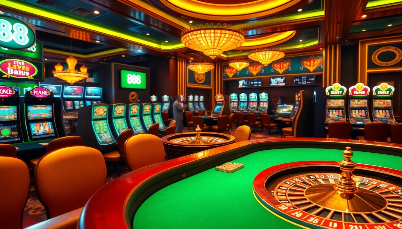 Players enjoying a thrilling online casino experience at 888NEW with vibrant slot machines and poker tables.