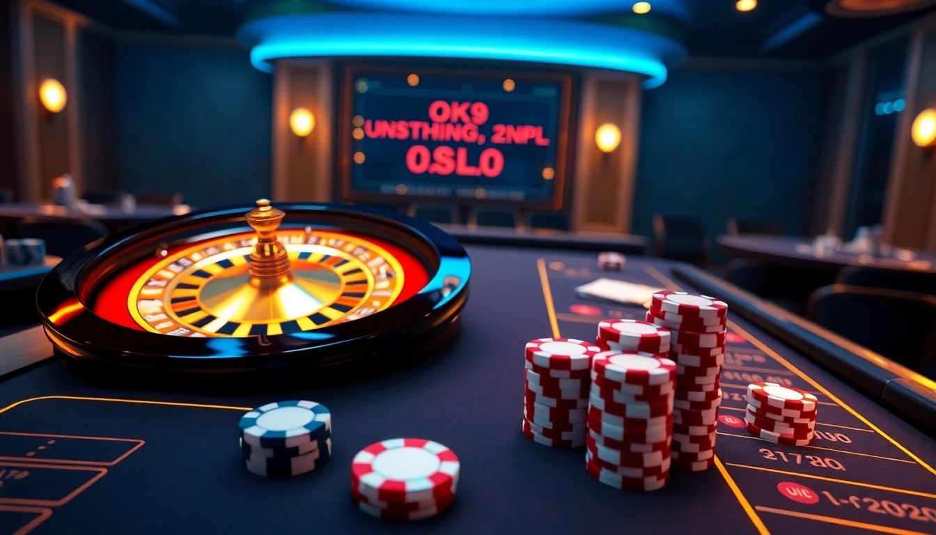 Exciting online casino scene with OK9 Dang Nhap showcasing modern poker chips and roulette wheel.