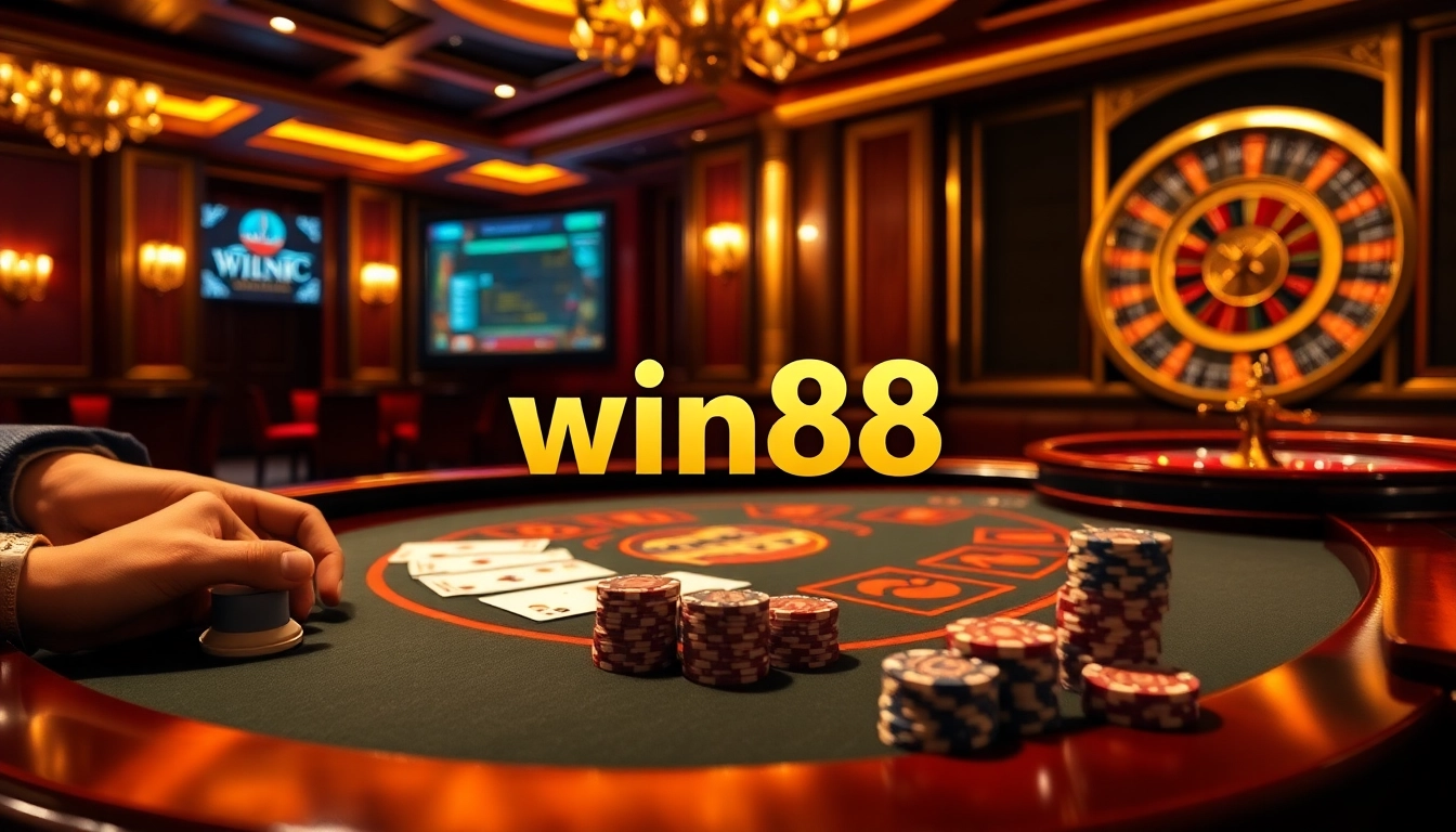Experience high-stakes poker action featuring win88 prominently in a luxurious casino setting.