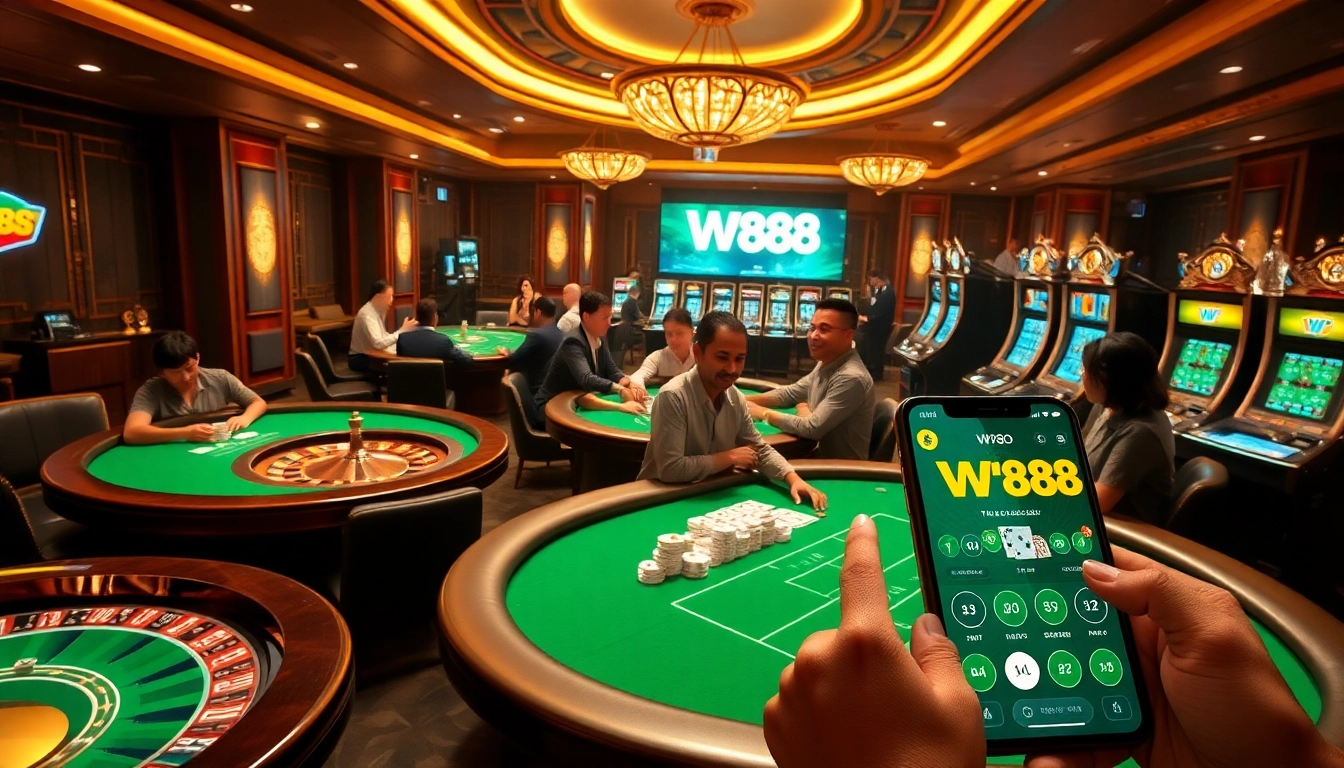 Experience the excitement of online gambling at WW88 with vibrant casino visuals showcasing poker tables and slot machines.