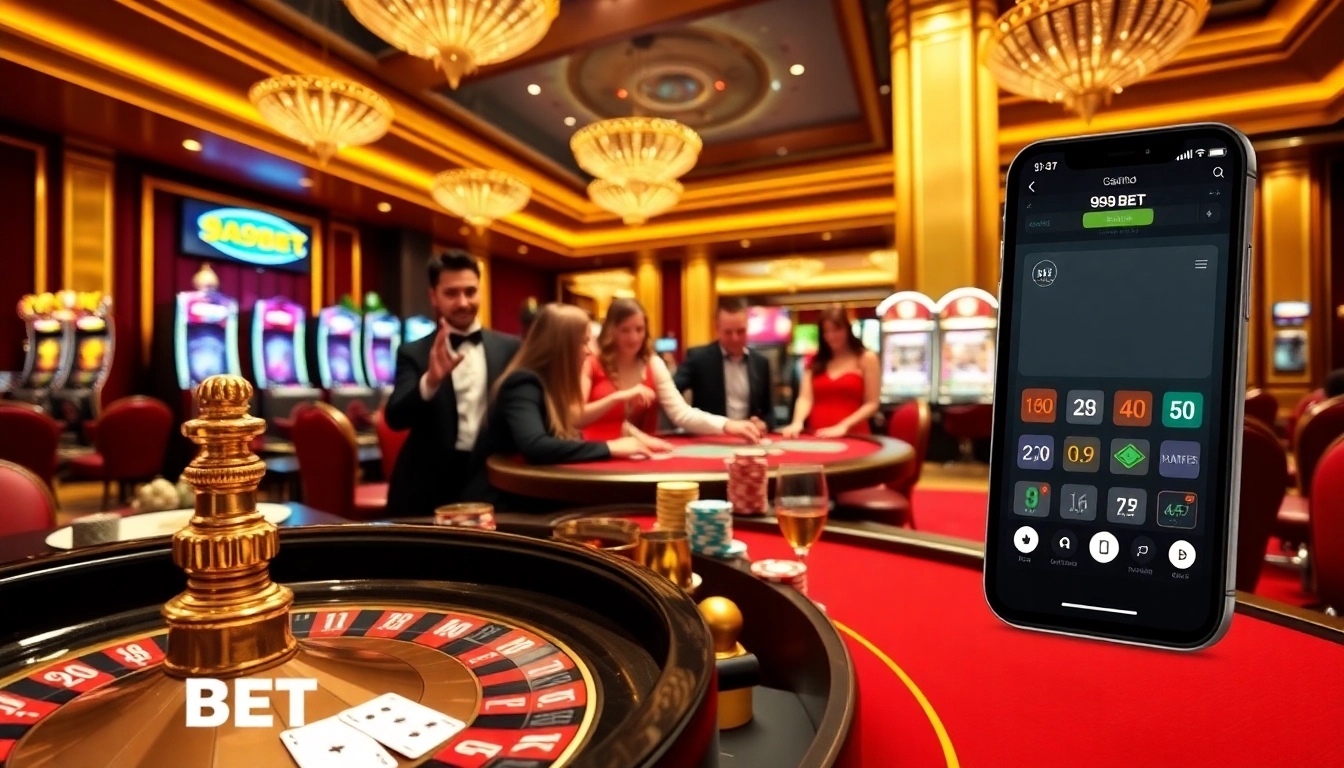 Gamblers enjoying vibrant games at a luxurious casino featuring 999BET poker tables and roulette wheels.