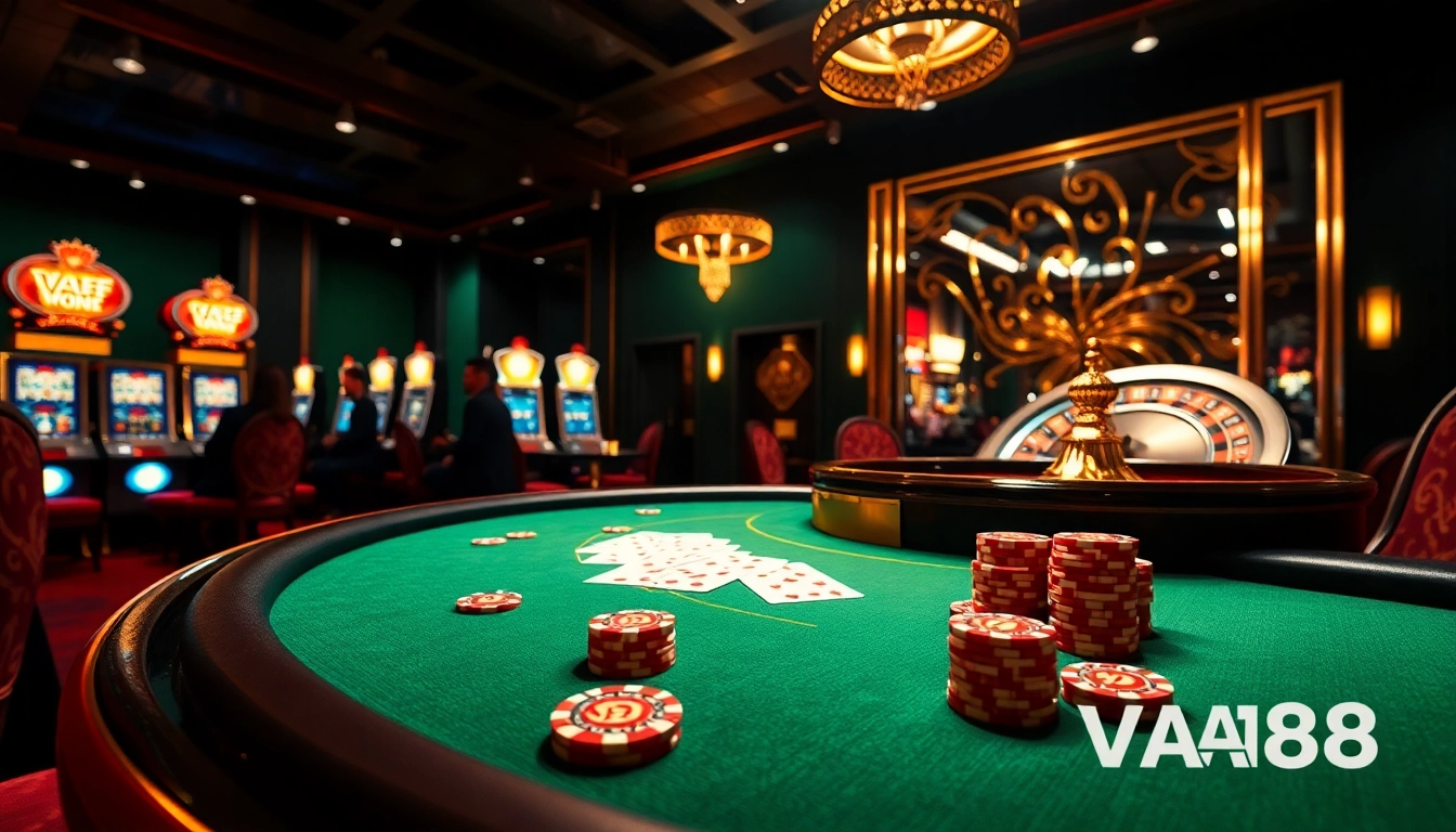 Players enjoying an upscale casino experience at VA88 with poker chips and roulette wheel.