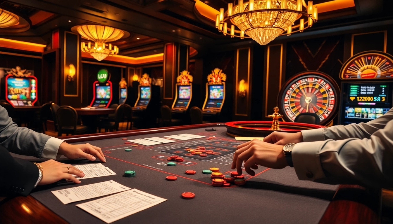 Engaging lô đề uy tín game scene at a luxurious casino with colorful chips and betting slips.