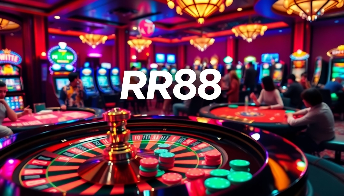 RR88 offers a thrilling casino atmosphere with vibrant slot machines and eager players betting big.
