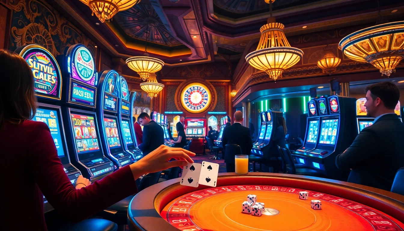 Players winning at slot gacor machines in a lively casino with colorful decor and prominent gaming elements.