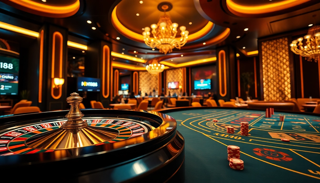 Hi88 players engaging in an exciting casino experience with roulette and poker elements.