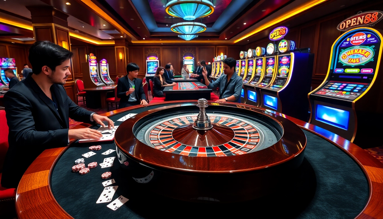 Exciting OPEN88 roulette table scene with players enjoying high-stakes gambling action.