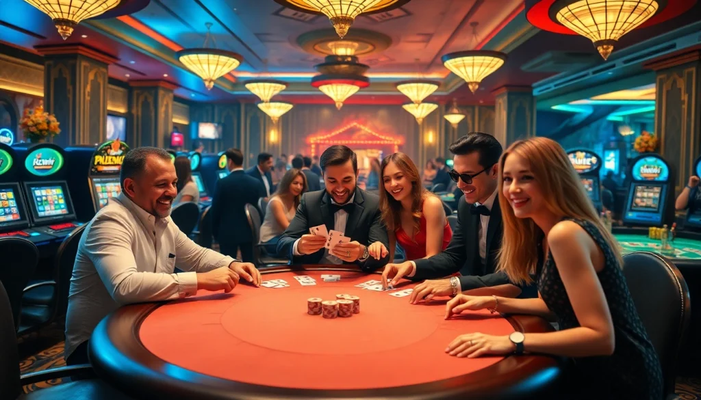 Players enjoying a thrilling game at 123win casino table with vibrant slot machines in the background.