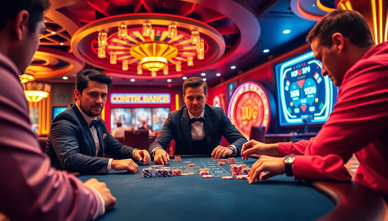 Pahala4D gaming table scene with poker players and roulette wheel, capturing luxury and excitement.