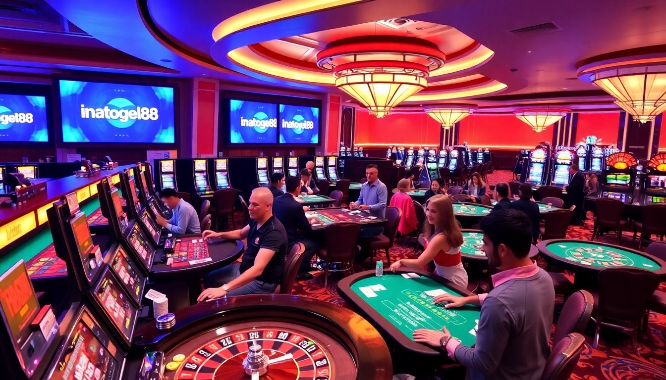 Exciting gameplay at inatogel88 with players engaged over slot machines in a luxurious casino.