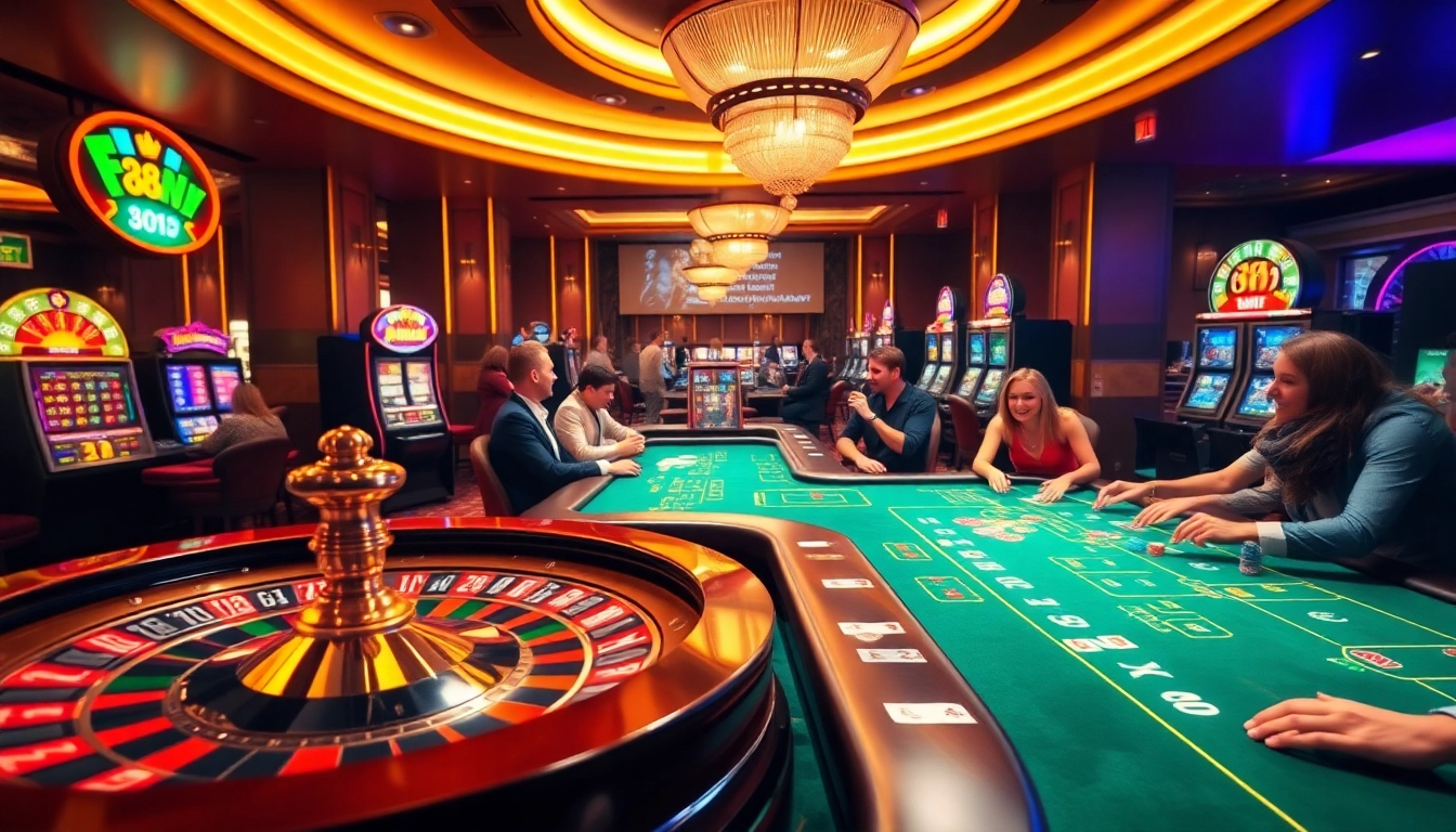 Players enjoy thrilling casino games at fun 88 casinos, capturing excitement with vibrant lights and rich colors.