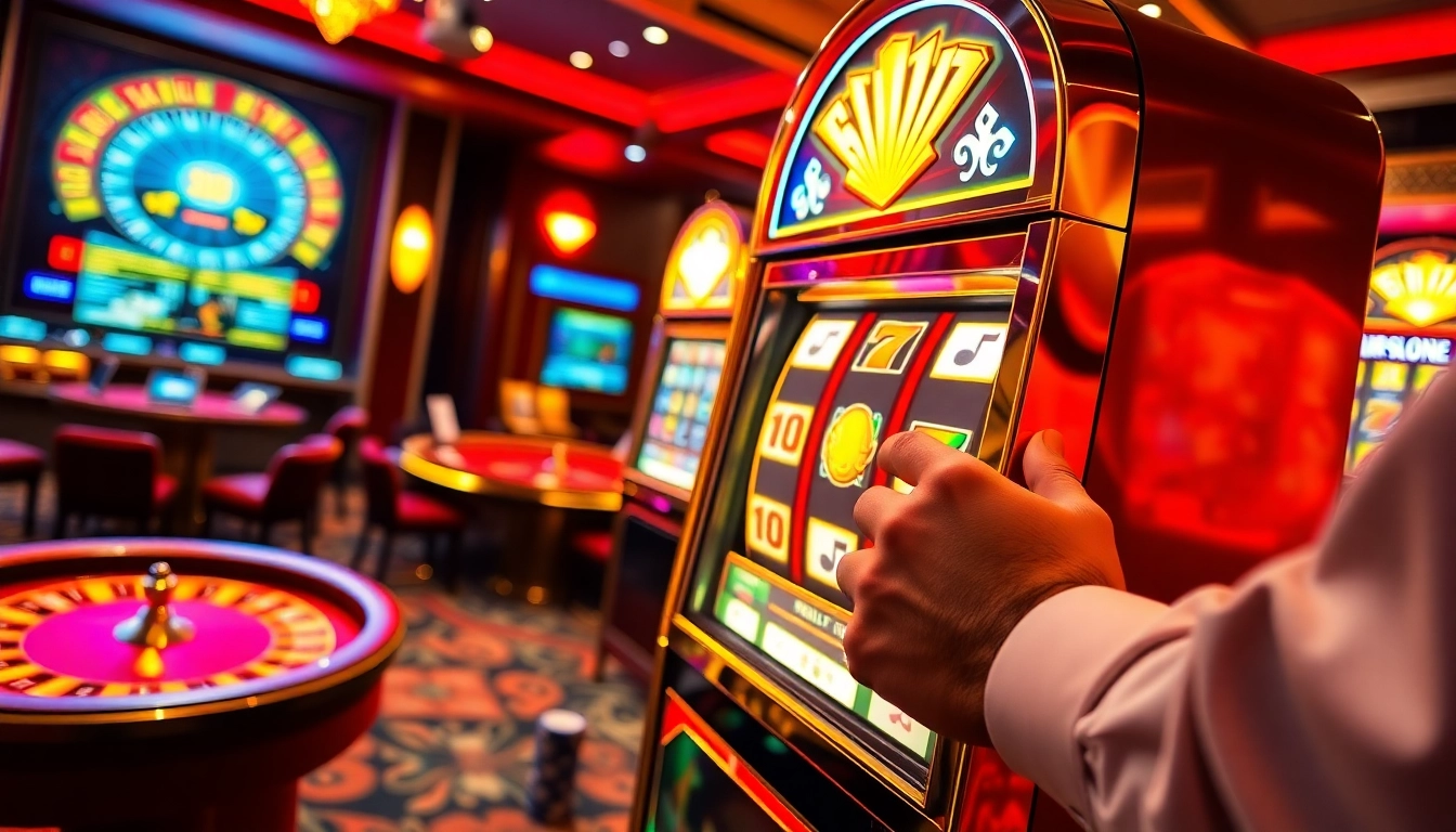 Engaged player enjoying a slot gacor machine in a vibrant casino atmosphere.