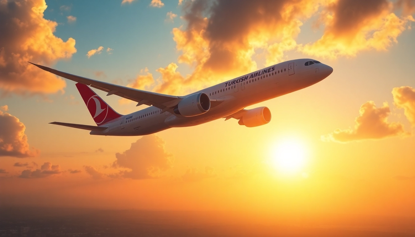 Stunning portrayal of Turkish Airlines flight TK88 soaring at sunset above Istanbul, evoking travel excitement.