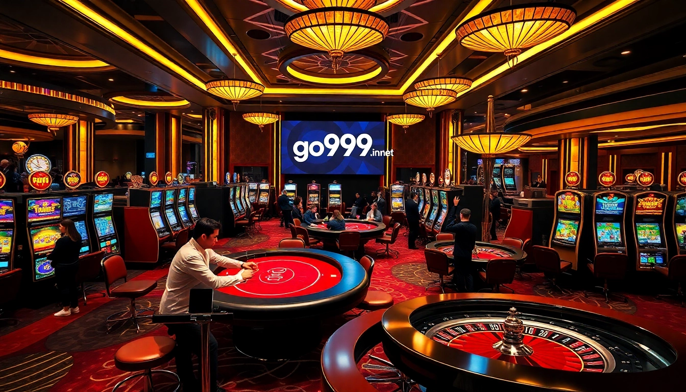 A thrilling scene at go999.in.net showcasing luxurious casino tables and vibrant slot machines for an unforgettable gaming experience.