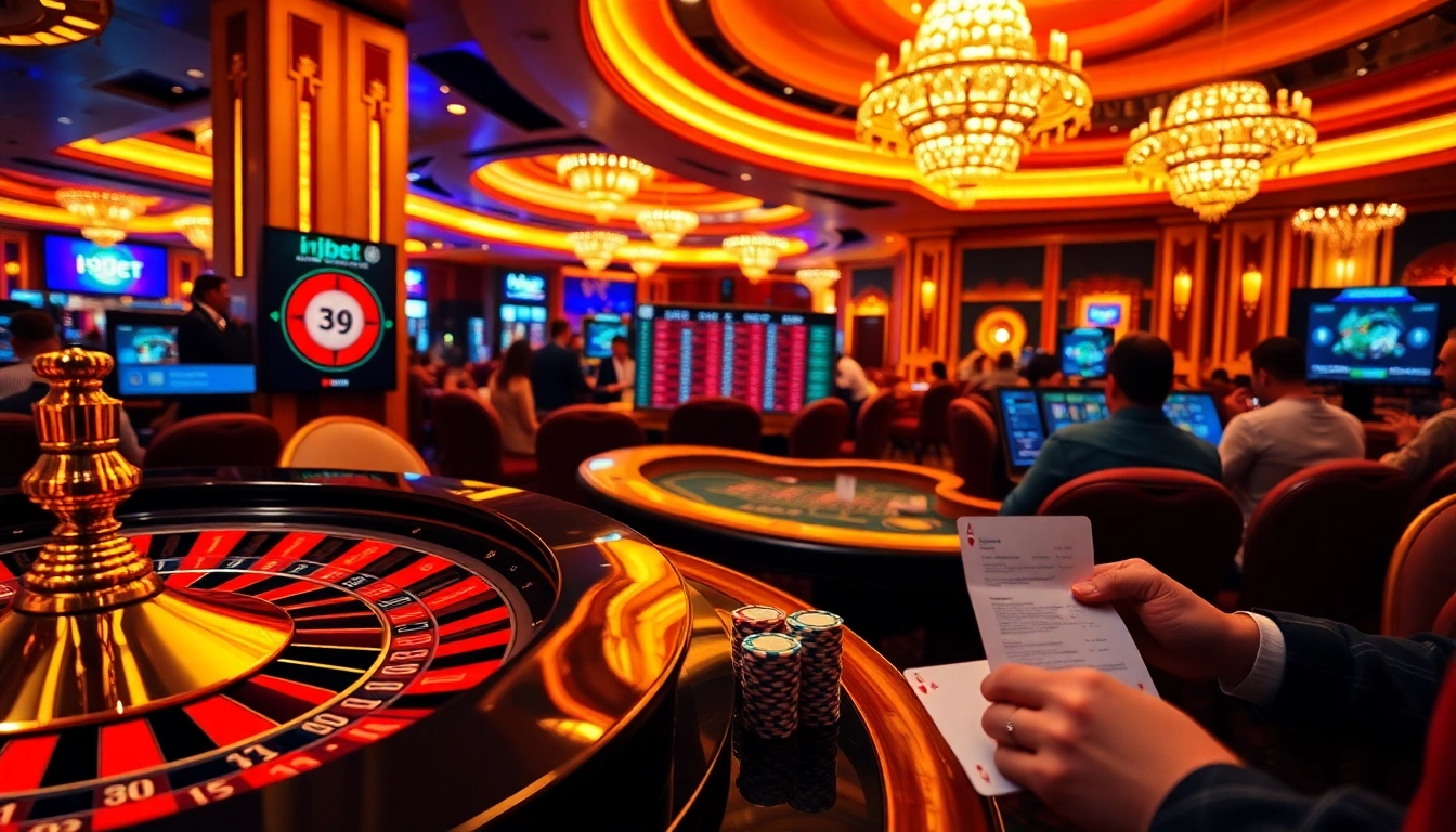 Engaging casino atmosphere with i9bet betting slips, poker chips, and roulette wheel.