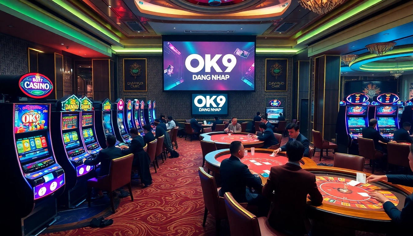 Engage with OK9 Dang Nhap in a vibrant casino scene filled with poker tables and slot machines.