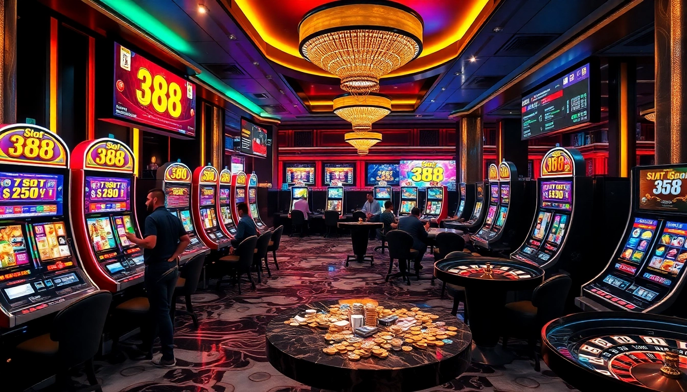Players enjoy thrilling wins at vibrant slot 88 machines, showcasing excitement and luxury in a casino setting.