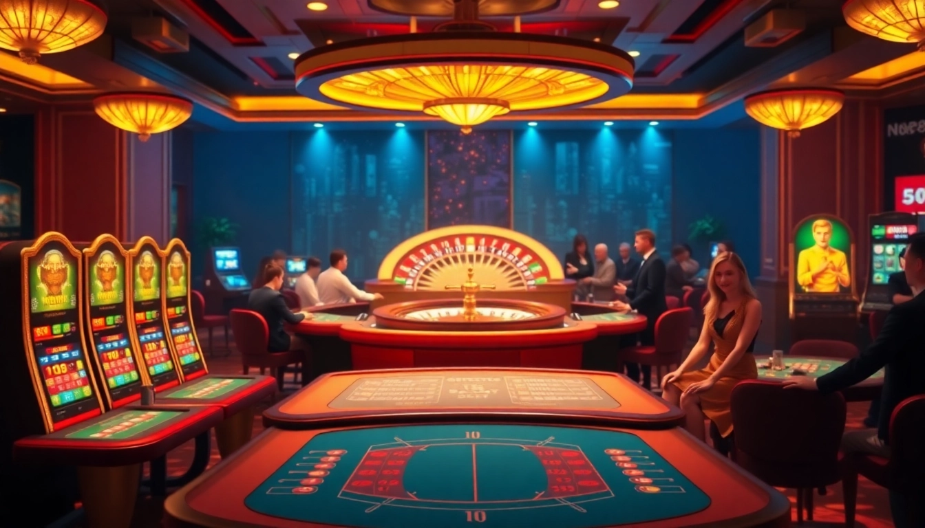 Experience the thrill of NOHU90 with players at luxurious casino tables and vibrant slot machines.