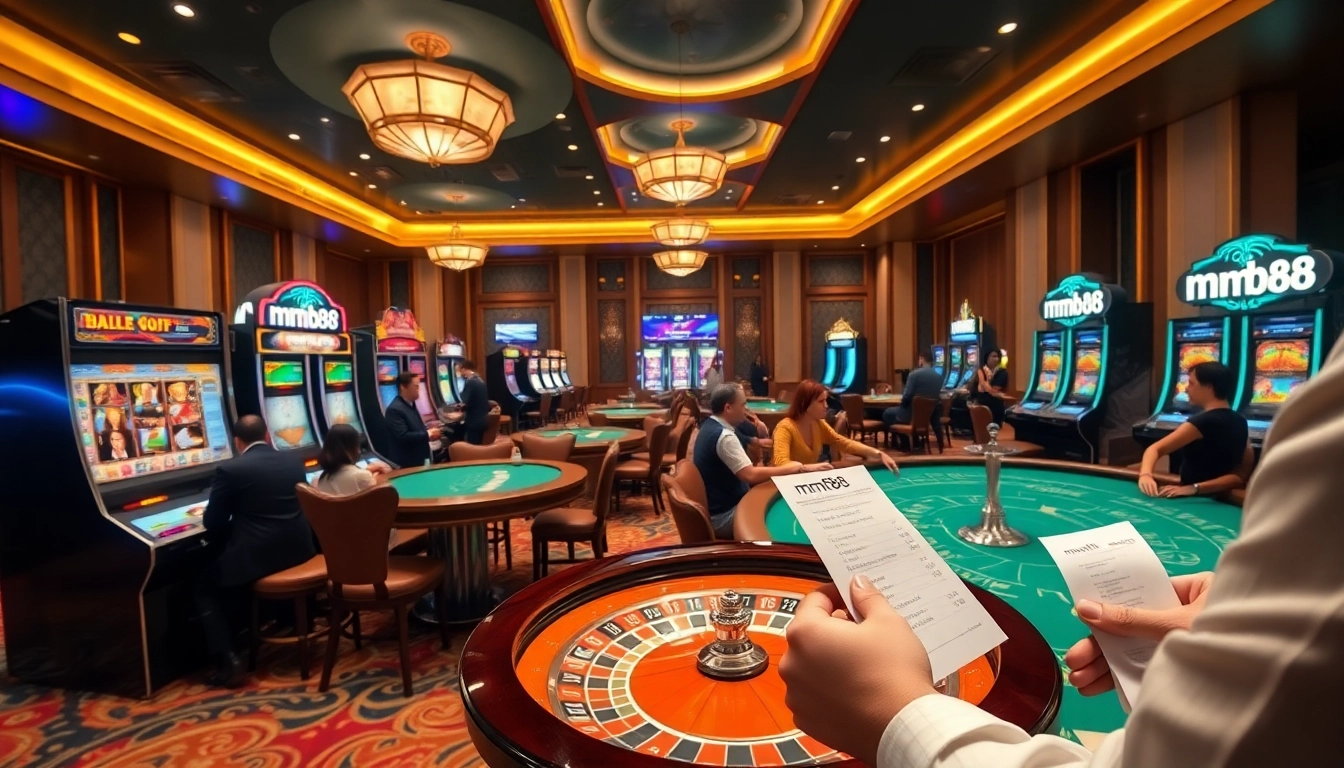 Players enjoying games at mm88 branded luxury casino tables with vibrant slot machines.