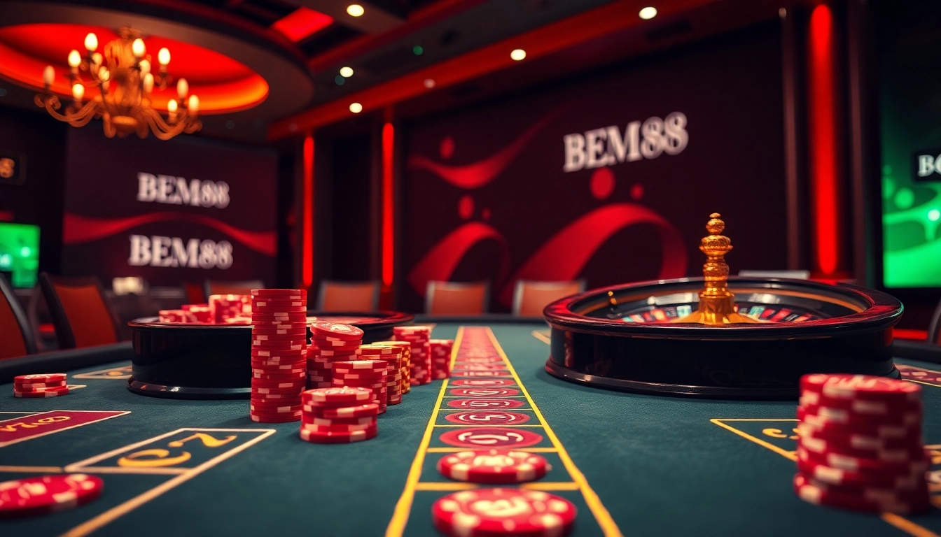 BEM88 players enjoying an engaging casino table experience with vibrant poker chips and cards.