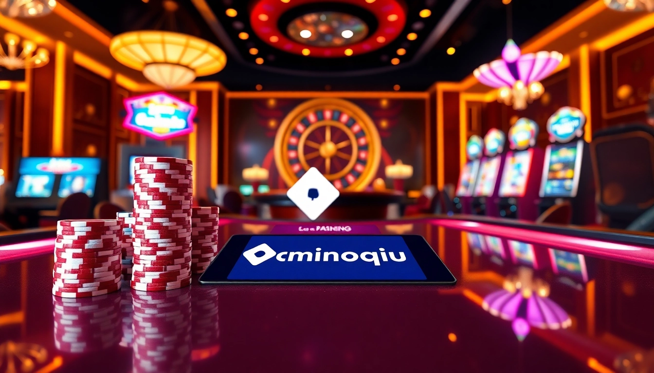 Experience thrilling gameplay at Dominoqiu with vibrant poker tables, glowing slot machines, and a lively casino atmosphere.