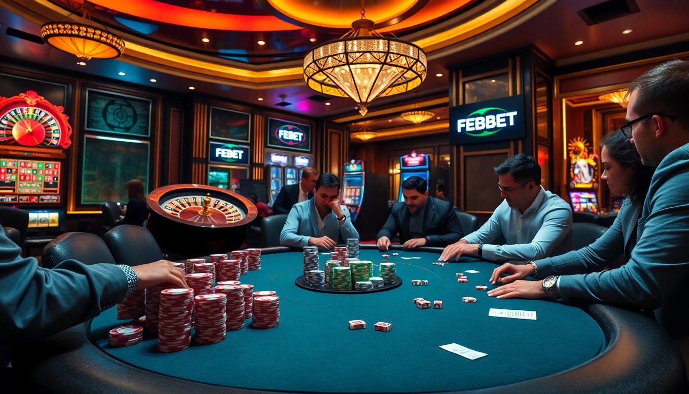 FEBET gamblers enjoying a high-stakes poker game in a luxurious casino setting.