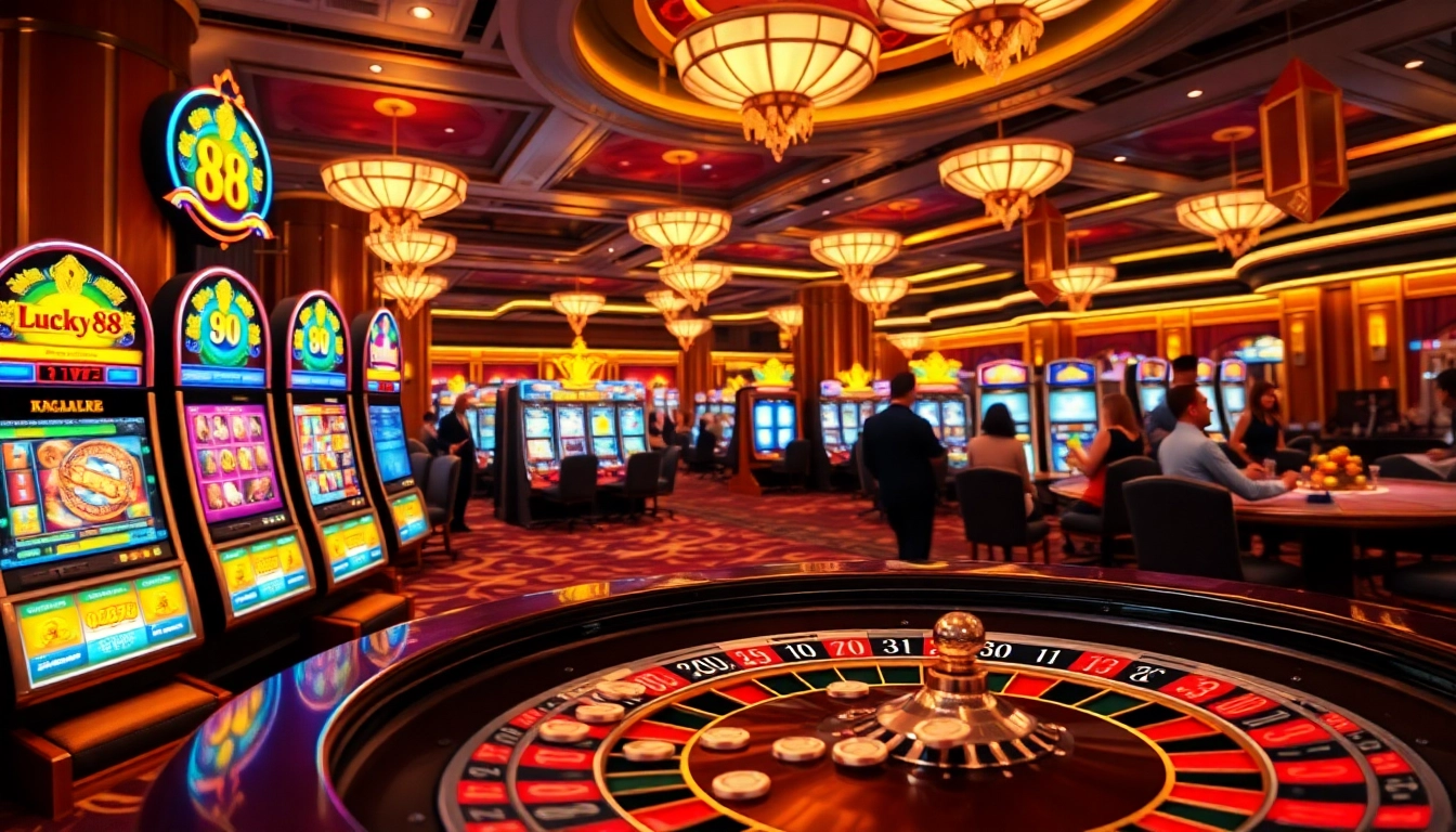 Lucky88 slot machine surrounded by enthusiastic players and casino elements, creating a vibrant gambling scene.