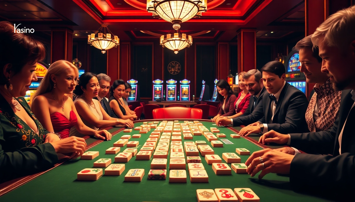 Permainan Mahjong yang seru di kasino yang hidup dengan dekorasi mewah dan pemain yang antusias.