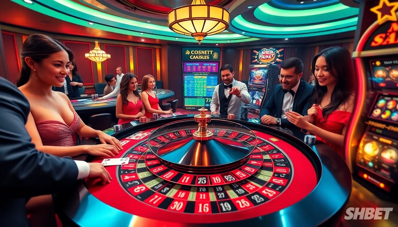 Engaging gambling action at https://shbetapp.app/ with players enjoying roulette and slot machines.